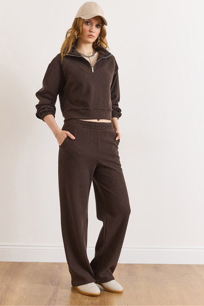 Olalook Women's Bitter Brown Top and Bottom Polo Collar Thessaloniki Set Tkm-...