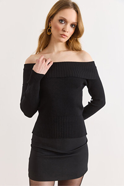 Olalook Women's Black Ribbed Detailed Madonna Collar Soft Textured Knitwear B...