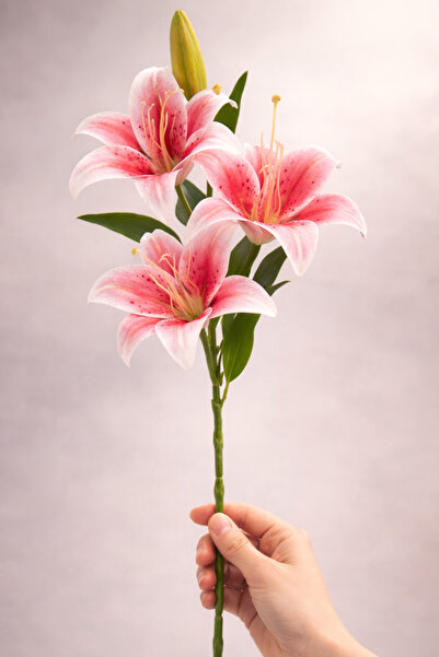 ALSHOP Premium Kalite Yapay 3 Çiçekli Tohumlu Islak Dokulu Zambak Lilyum Deme...