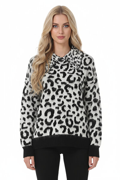 Stil Sepeti Women's Black Turn-Down Collar Patterned Knitwear Sweater Ss-4563...