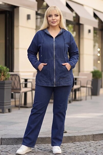 tarzımsüper طقم جينز نسائي مقاس كبير بغطاء رأس - طقم من قطعتين: جاكيت وبنطلون...