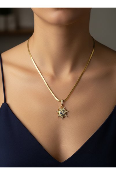 Elmosia Jewelry Vip Zircon Stone Sparkling Sun Necklace |   Italian Chain Steel Premium Jeweler Model