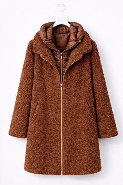 günay boutıque Hooded Brown Teddy Fur Women's Coat with Inflatable Detail Inside