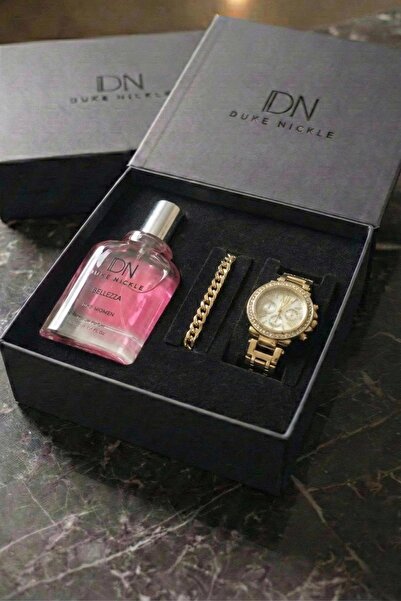 Duke Nickle Taşlı Bileklikli Altın Metal Kordon Kadın Kol Saati Parfüm Kutulu...