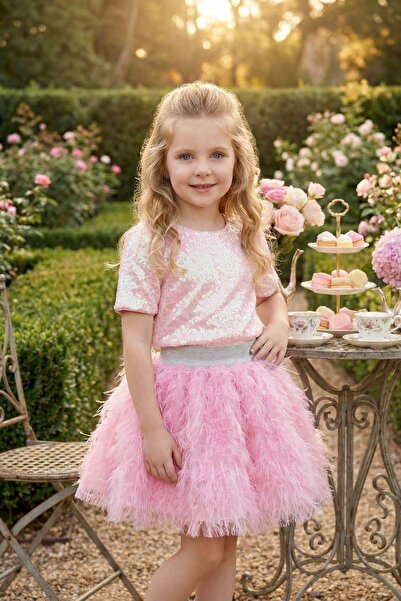 Mojo Bebek Pamina Girls' 3-7 Years Old Sequin Embroidered Double Set Pink