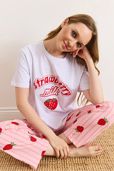 Olalook Γυναικείο σετ κοντομάνικο από 100% βαμβάκι σε λευκό και ροζ φράουλα P...