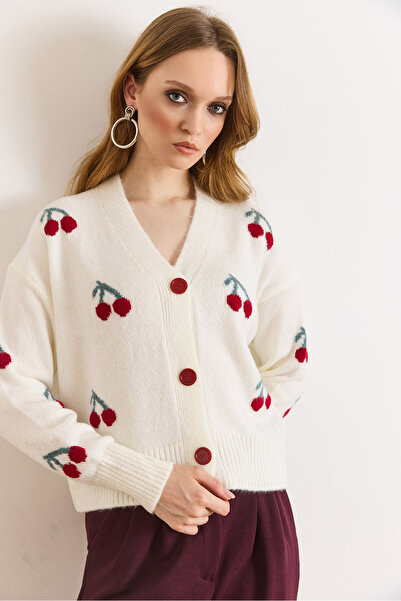 Olalook Women's Ecru Cherry Detailed Soft Textured Knitwear Cardigan Hrk-1900...