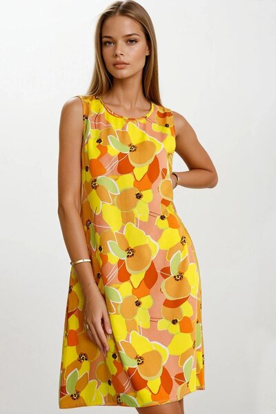 Trend Alaçatı Stili Women's Yellow Floral Patterned Sleeveless Midi Length Dr...