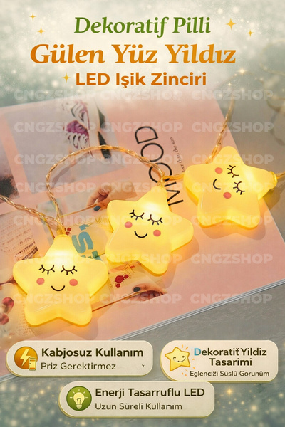 CNGZSHOP Dekoratif Pilli Gülen Yüz Yıldız LED Işık Zinciri | Yılbaşı & Oda Sü...