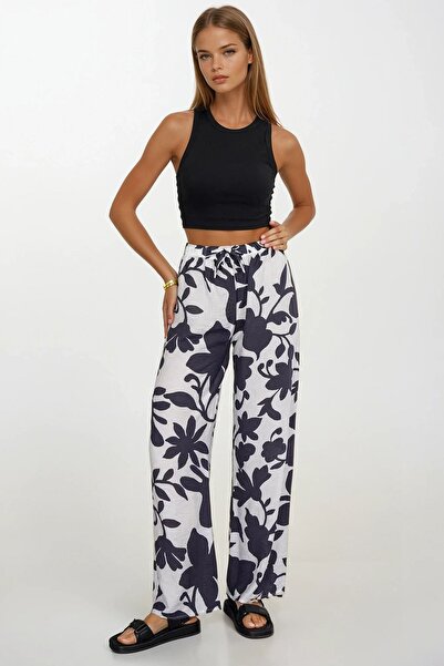 Trend Alaçatı Stili Women's Anthracite Elastic Waist Lace-Up Patterned Viscos...