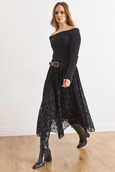 Olalook Дамска черна кадифена пола с флокиран принт ETK-19000383