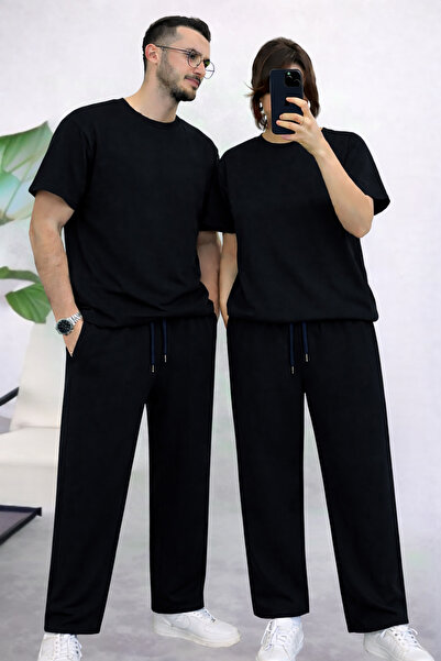 YAKAMEL Çift Özel Erkek Kadın Kısa Kollu Eşofman Takımı (Tekli) Beli İplik Bo...