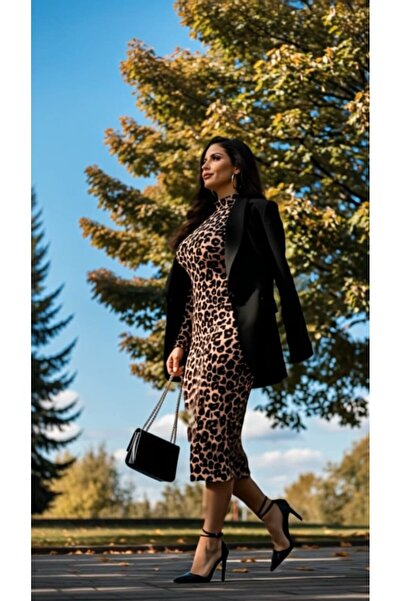 JANES Dámske midi šaty s dlhým rukávom a leopardím vzorom