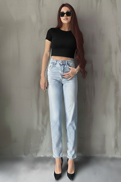 sion jeans Pantaloni de damă Snow Wash Mom, albastru deschis, confortabili, c...
