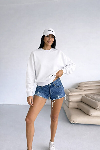 BEGBOR COLLECTİONS White 2 Thread O Oversized Basic Sweatshirt