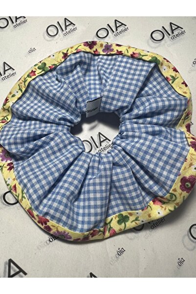 OIA Atelier Flower Edged Mini Gingham Blue Scrunchie Rubber Hair Tie