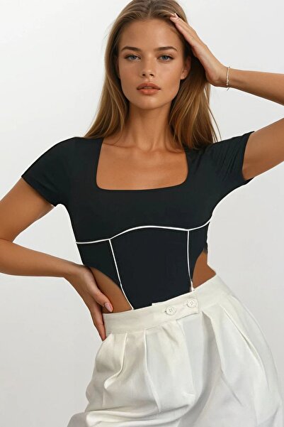 Trend Alaçatı Stili Body cu mânecă scurtă cu guler pătrat negru pentru femei ...