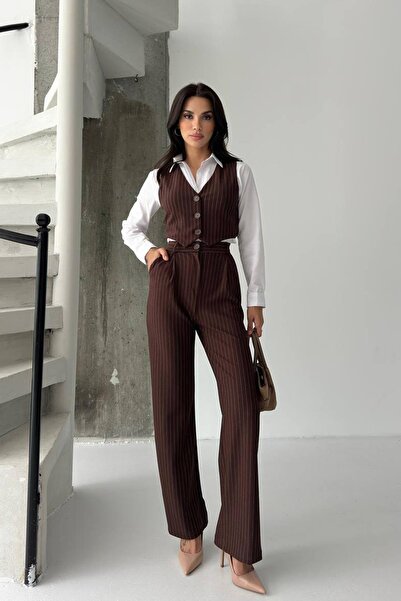 Trend Alaçatı Stili Women's Brown Striped Buttoned Vest and Palazzo Pants Set...