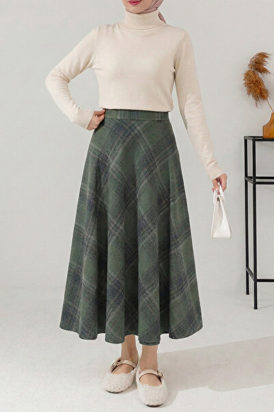 MODAQU Plaid Patterned Cashmere Flared Skirt - Khaki