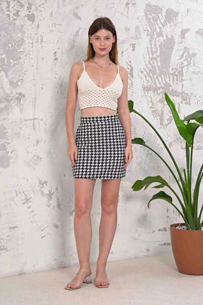 Trend Alaçatı Stili Women's Black-White Zipper Closure Houndstooth Patterned ...