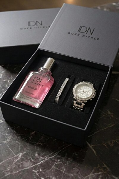 Duke Nickle Taşlı Bileklikli Gümüş Metal Kordon Kadın Kol Saati Parfüm Kutulu...