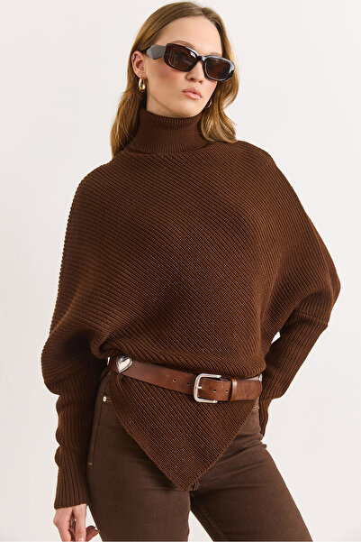 Olalook Women's Brown Turtleneck Asymmetrical Poncho Sweater Kzk-19001145