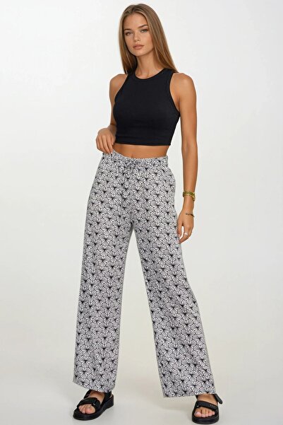 Trend Alaçatı Stili Women's Black-Striped Elastic Waist Lace-Up Patterned Vis...