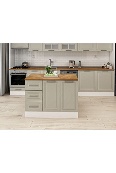 Alvinka 120 Cm Mbr_C Ada Mutfak Dolabı Beyaz Kumtaşı Mdf