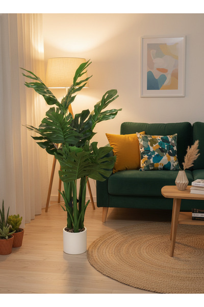 Living شجرة اصطناعية بطول 135 سم بأوراق خضراء كثيفة ووعاء بيج عصري