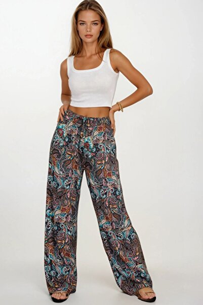 Trend Alaçatı Stili Women's Blue Patterned Elastic Waist Lace-Up Patterned Vi...