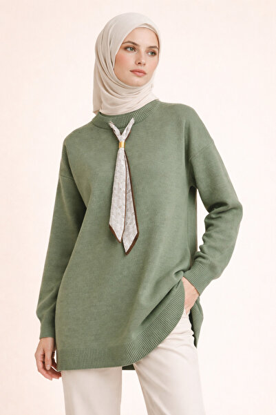 Kirazgym Round Neck Casual Knitwear with Scarf - Çağla