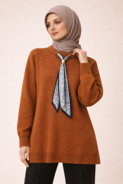 Kirazgym Round Neck Casual Knitwear with Scarf - Tile Color
