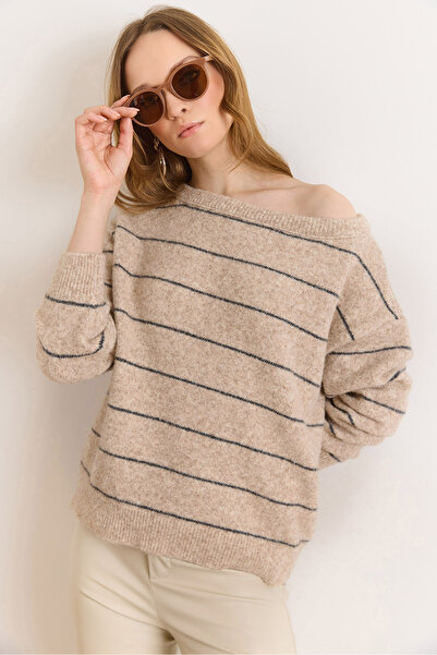 Olalook Women's Stone Boat Neck Striped Knitwear Sweater Kzk-19001140