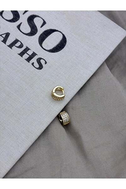 Hedef Bijuteri Gold Color Row Zircon Stone Thick Minimal Hoop Earrings Cm192