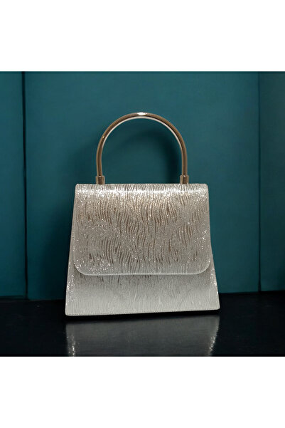 Butik Wavy Fabric Silver Color Retention Evening Dress Bag with Handle