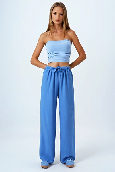 Trend Alaçatı Stili Women's Indigo Blue Lace-Up Elastic Waist Double Pocket V...