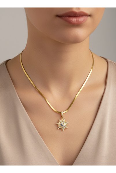 Elmosia Jewelry Vip Zircon Stone Sparkling Sun Necklace |   Italian Chain Steel Premium Jeweler Model