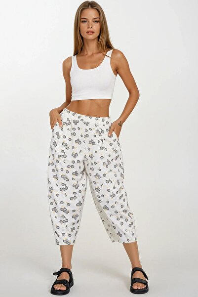 Trend Alaçatı Stili Women's Ecru-Black Patterned Linen Trousers with Elastic ...