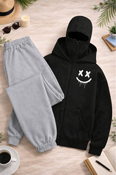 Pink Sky Unisex Snow Masked Ninja Smile Printed Zippered Hooded Oversized Tra...