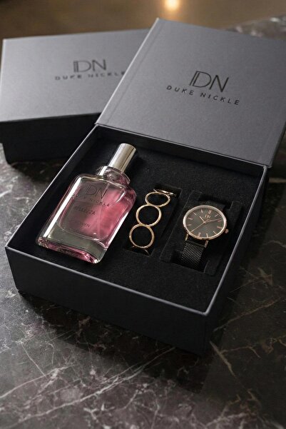 Duke Nickle Halka Rose Bileklikli Siyah Hasır Kordon Kadın Kol Saati Parfüm K...