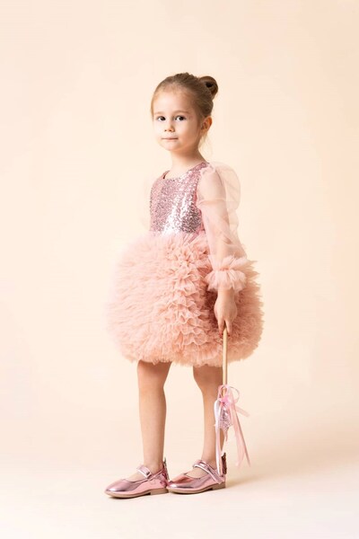 Banamio Luna Long Tulle Sleeves Puffy Tulle Tutu Girls' Dress