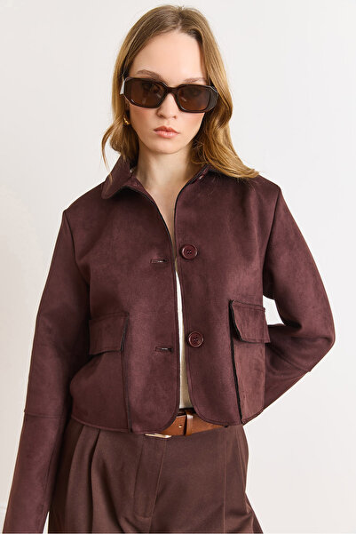 Olalook Γυναικείο μπουφάν από σουέντ χωρίς επένδυση σε καφέ απόχρωση με λεπτο...