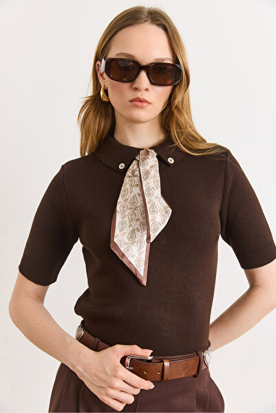 Olalook Women's Brown Scarf Detailed Polo Collar Short Sleeve Knitwear Sweate...