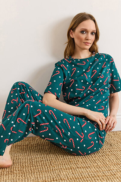 Olalook Γυναικείο κοντομάνικο σετ από 100% βαμβάκι Candy Green PJM-00000026