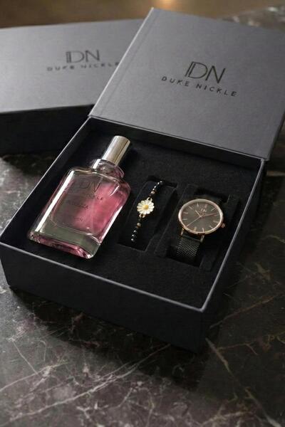 Duke Nickle Papatya Bileklikli Siyah Hasır Kordon Kadın Kol Saati Parfüm Kutu...