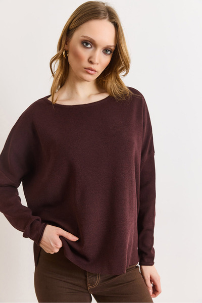Olalook Women's Burgundy Crew Neck Soft Textured Transitional Knitwear Sweate...