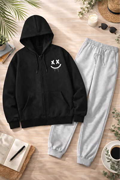 Pink Sky Unisex Smile Printed Zippered Hooded Sweatshirt and Jogger Tracksuit...