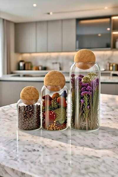 Marka CRİSTAL HOME 3’lü Küre Mantar Kapaklı Borosilikat Cam Kavanoz Seti