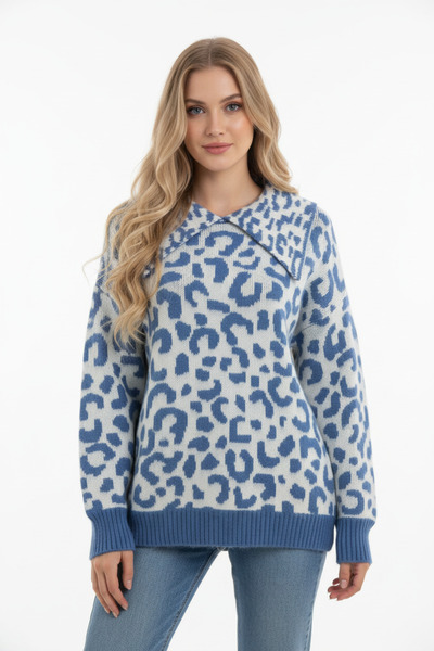 Stil Sepeti Women's Blue Turn-Down Collar Patterned Knitwear Sweater Ss-45632000