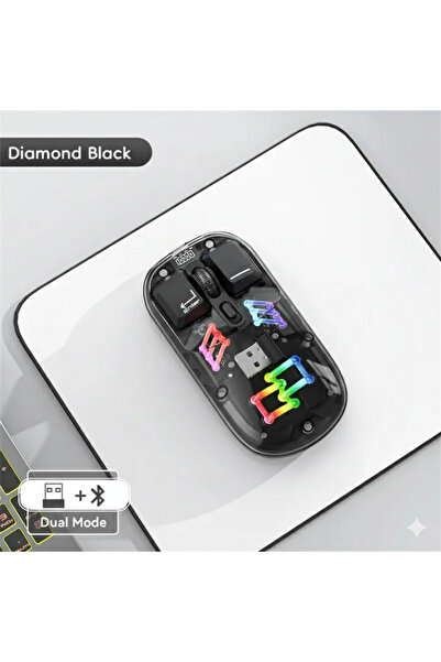 Merwish RGB Şeffaf Kablosuz Mouse Dual Mode USB Bluetooth Type C Şarjlı Pil G...